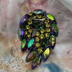 Albert Weiss Iridescent Green and Purple Crystal Leaf Brooch